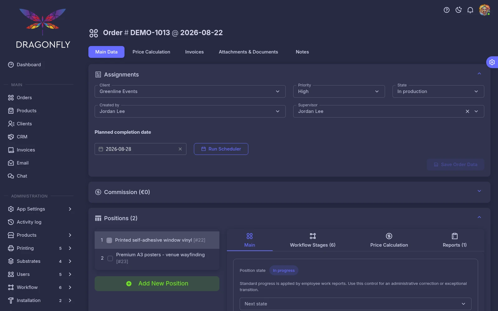 Dragonfly App order details and production workflow